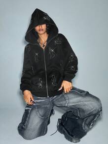 SHEIN EZwear Sudadera con capucha minimalista para mujer con cremallera frontal, manga larga y decoración de rhinestones