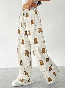 SHEIN EZwear 女士格子卡通熊印花抽绳腰阔腿休闲裤 - 杏色 - 查看 4