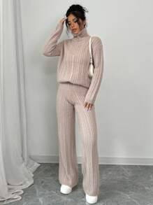 SHEIN Unity 2 件套女士休闲日常纯色立领毛衣和裤子套装，秋冬 - 駝色 - 查看 3