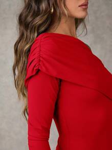 SHEIN BAE 1 Áo thun dài tay xếp ly màu trơn đơn giản cho nữ, mặc thường ngày - Đỏ - Xem 5