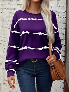 SHEIN LUNE Women Casual Round Neck Contrast Color Drop Shoulder Loose Sweatshirt For Autumn - Purple - View 5