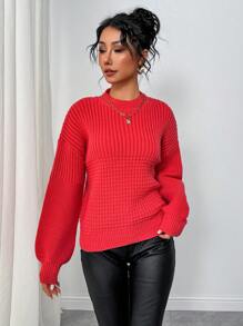 Chiquease Women Casual Round Neck Lantern Sleeve Solid Knitted Sweater, Autumn/Winter