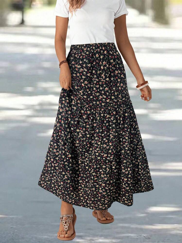 EMERY ROSE Falda midi larga con estampado floral patchwork para mujer - Negro - Añade 3