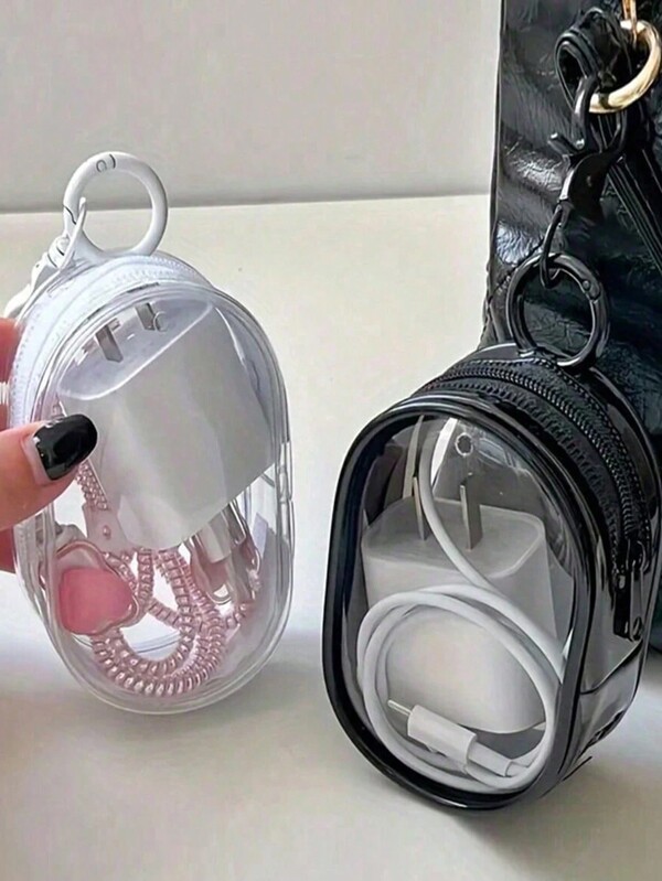 SHEIN 1 Stück tragbare mini transparente Reißverschlusstasche, kompakte multifunktionale Aufbewahrungstasche, Kopfhörer und Ladegerät Hülle mit Schlüsselanhänger, transparentes Reisezubehör für Valentinstag, Hochzeit, Geburtstag, Boho Vibes