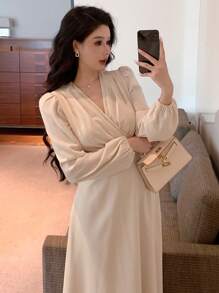 DAZY 女士优雅中长袖连衣裙，秋季，新年除夕舞会礼服，秋季女装 - 米色 - 查看 4