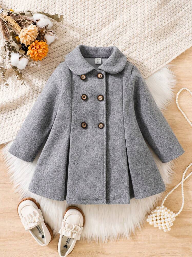 SHEIN 女の子用ブラックダブルブレスト ボタン襟コート | SHEIN JAPAN