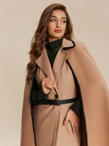 Chiquease 女士优雅拼色羊绒斗篷大衣，秋冬款 - 卡其色 - 查看 5