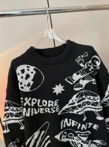 SHEIN Teen Boys' Casual Black & White Astronaut, Spaceship, UFO, Rocket, Moon Print Crew Neck Long Sleeve Sweater, Suitable For Autumn, Winter, Warmth, School, Home, Daily, Sports, Versatile, Layering - Black - View 7