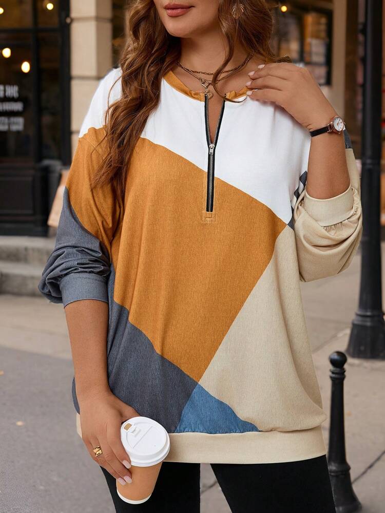Plus Size Plain Color Patchwork Front Zip Long Sleeve Casual Sweatshirt