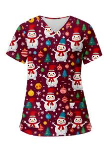 PopScrub Plus Size Cute Snowman Print V-Neck Short Sleeve Pocket Nurse Uniform Top Cute Cartoon Snowman Print Plus Size V-Neck Short Sleeve Pocket Scrubs Top, Suitable For Women Santa Claus With White Beard Cartoon Themed Nursing Uniform Top, Christmas Women Clothes
