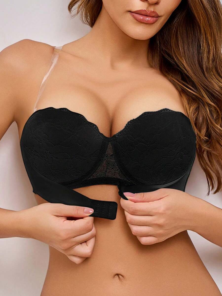 Strapless, Non-Slip Lace Underwire Front Closure Padded Push Up Bra, Single Pack With Invisible Shoulder Straps Included , Black Lingerie - Black - View 1