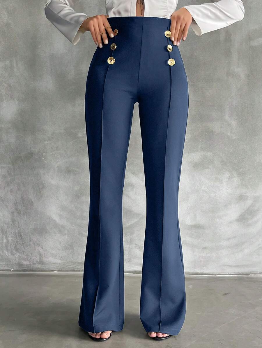 SHEIN Tall Tall Size Double Breasted Decorative Flared Trousers - Navy Blue - View 1