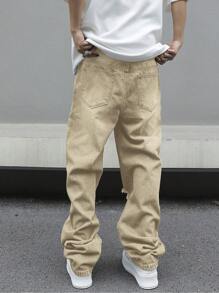 Manfinity EMRG Men's Casual Street Style Distressed Loose Fit Denim Jeans, Belt Not Included - Khaki - View 2