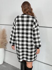 EMERY ROSE Plus Size Women Casual Plaid Lantern Sleeve Knitted Sweater Dress, Autumn/Winter - Black and White - View 2