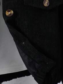 SHEIN 青少年女孩休闲纯色落肩宽松单排扣连帽衫和束腿灯芯绒裤套装，秋冬 - 黑色 - 查看 4