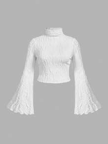 SHEIN MOD 大码女式纹理高领喇叭袖基本款 T 恤，秋季休闲日常穿着 - 白色 - 查看 1