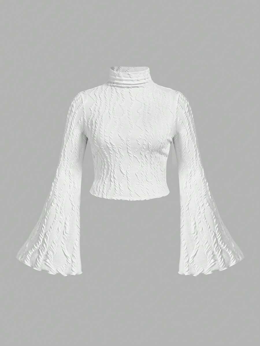 SHEIN MOD 大码女式纹理高领喇叭袖基本款 T 恤，秋季休闲日常穿着 - 白色 - 查看 1