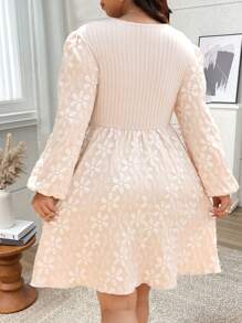 Flirla Plus Size Color Block Lace-Up Front Long Sleeve Casual Dress - Apricot - View 2