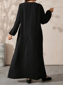 Rosumi Plus Size Women Black Casual Solid Color Lantern Sleeve Loose Dress For Spring & Autumn - Black - View 2