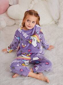 SHEIN Bộ đồ ngủ vải nỉ dài tay cổ tròn in chữ dễ thương cho bé gái/trẻ em, họa tiết kỳ lân hoạt hình, cầu vồng, mềm mại và thoải mái cho mùa thu/đông - Màu tím - Xem 5