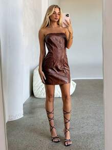 Aloruh Women's Vintage Style PU Leather Fitted Bandeau Mini Dress - Brown - View 6