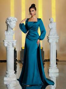 Glamrae Elegant Green Square Neck Lantern Sleeve Chest Pleated Maxi Mermaid Dress With Detachable Flounce, Formal Wear For All Occasions, Long Sleeve Prom Evening Dress, For Wedding Guest, Graduation, Dinner
