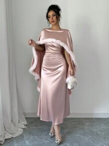 Rafferiza 女士披肩领毛边优雅舞会礼服长款缎面女士服装 - 粉色 - 查看 1