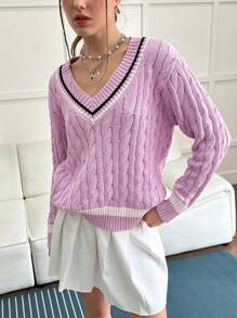 INAWLY Suéter de mujer de cuello en V estilo universitario de punto trenzado, informal para otoño/invierno