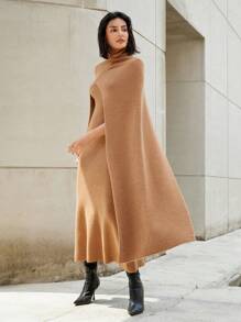 Aveloria Modichic 2 Stücke Damen Herbstmode Set, enthält hochgeschlossenen warmen und bequemen Cape und passendes Kleid, stilvoller Straßenmode Look für Damen - Khaki - Übersicht 6