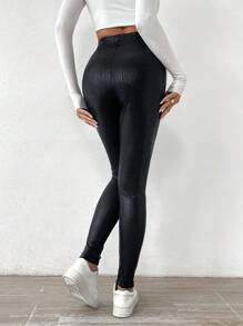 EMERY ROSE Solid Color Snake Skin Textured Thermal Lined Skinny Leggings - Black - View 2
