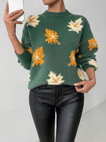 Chiquease Suéter de mujer informal con cuello redondo, mangas farol y bordado de hoja de arce, otoño/invierno