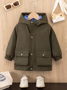 Baby Boy Casual Solid Color Double Pocket Hoodie Jacket, Suitable For Autumn - Army Green - View 1