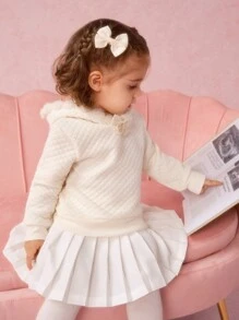 SHEIN Baby Girls' Simple Pom Pom Decor Sweatshirt, For Outdoor Wear, Spring And Autumn - Apricot - View 1
