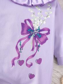 2 件装女婴秋冬可爱甜美拼色荷叶边领蝴蝶结、铃兰心形印花长袖连体衣 + 蝴蝶结头带套装、睡衣套装 - 淡紫色 - 查看 5