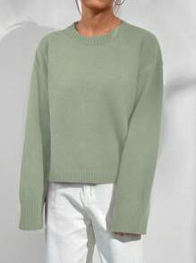 Flirla 女士休闲日常宽松纯色套头毛衣，秋冬 - 綠色 - 查看 4