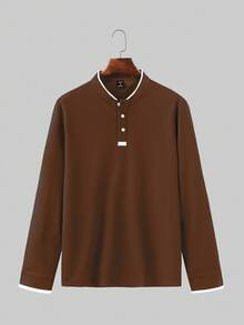 Manfinity Homme 撞色饰边纽扣长袖休闲 POLO 衫 - 棕色 - 查看 4