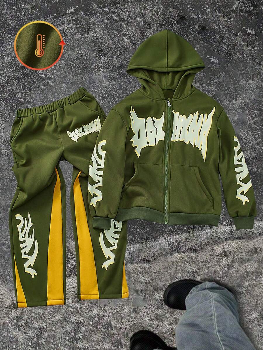 2pcs/Set Teen Boy New Hooded Print Jacket And Print Casual Pants, Brushed Fabric For Comfortable And Warm Wear, Suitable For Outdoor Sports, Family Gatherings, Leisure And Entertainment In Spring, Autumn And Winter
