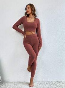 Bộ 2 món áo len ngắn màu trơn thường ngày và quần bó cho nữ, Thu/Đông - Cà phê nâu - Xem 4