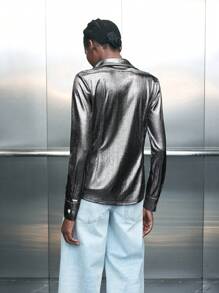 Maija Women's Silver Metallic Shiny Long Sleeve Turndown Collar Single Breasted Party Casual Fashion Blouse, Early Spring - Silver - View 3