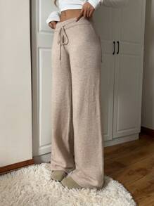 Quần len dáng rộng rút dây màu trơn đơn giản cho mùa thu/đông - Màu Khaki - Xem 5