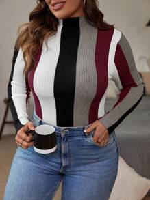 SHEIN Clasi Plus Size Zipper Closure Long Sleeve Striped Minimalist Pullover Knit Sweater - Burgundy - View 1