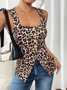 SHEIN Frenchy 女士宽肩带前扣豹纹休闲衬衫