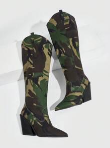 CUCCOO GRLICON Women's Camouflage Multi-Color Simplified Pointed Toe Chunky High Heel Pull-On Mid-Calf Western Style Boots For Christmas And New Year Holiday