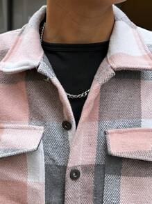 Manfinity Homme 男士前开襟长袖口袋格子夹克，休闲日常穿着，街头风，秋冬款 - 彩色 - 查看 6