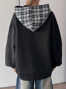 DAZY Áo nỉ nỉ kẻ caro dáng rộng thoải mái mới cho nữ mùa thu - màu đen - Xem 8