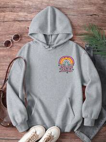 INAWLY Áo nỉ có mũ rộng rãi in chữ thường ngày cho nữ, mùa thu - Màu Xám nhạt - Xem 2