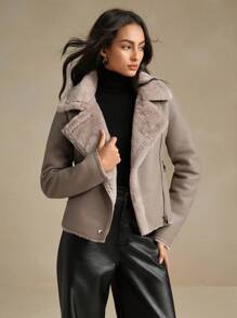 Anewsta 1pc Women Black PU Leather Composite Imitation Rabbit Fur Collar Jacket