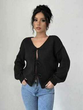 Selianne Blouse décontractée à manches longues avec nœud devant, couleur unie. Conception simple pour le port quotidien. Cardigan court noir, cardigan avec nœud noir, cardigan court pour femmes, vêtements d'automne et d'hiver