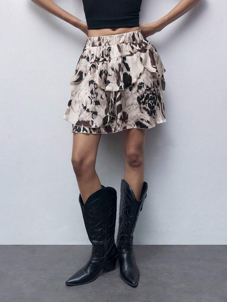 SHEIN Maija Women Coffee & Khaki Color Tie-Dye Pleated Hem Skirt With All Over Printing, Autumn/Winter