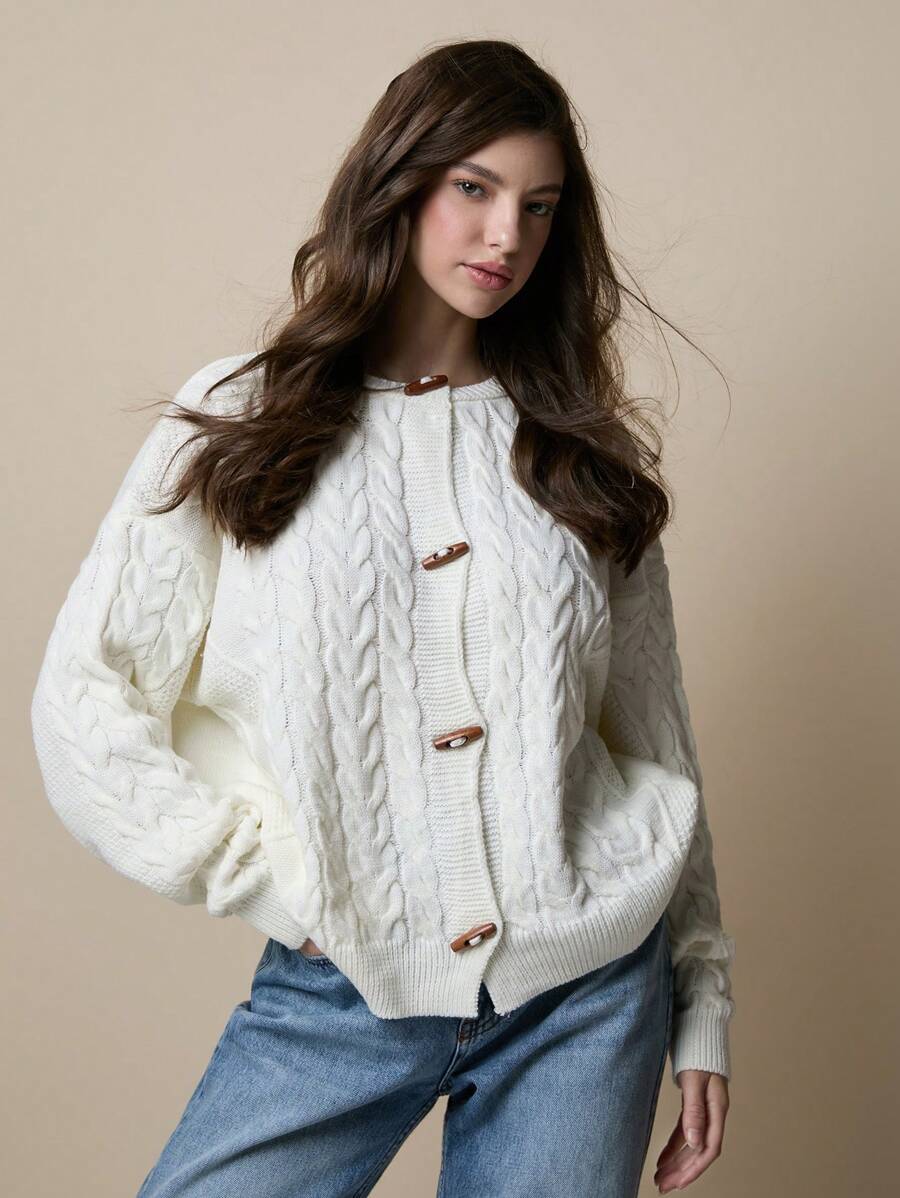 SHEIN Cottnline Crew Neck Loose Cable Knit Cardigan - Beige - View 1